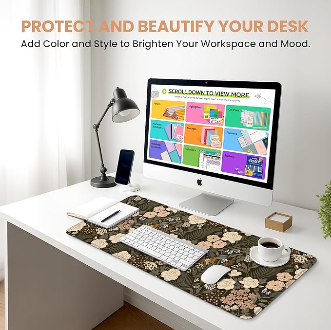 Large Mouse Pad for Desktop, Cute Desk Mat Pad Protector for Work & Gaming, Aesthetic Pretty Anti-Slip Laptop Blotter Cover for Office School Home Supplies, Wild Rose, 35.4" x 15.7"