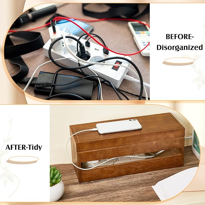 Hoteam 48 Pcs Wooden Cable Management Box Cable Organizer Box Set Power Strip Holder Cord Hider Clip Adhesive Management Ties Cord Sleeves for Desktop Home Office(Brown,Large)