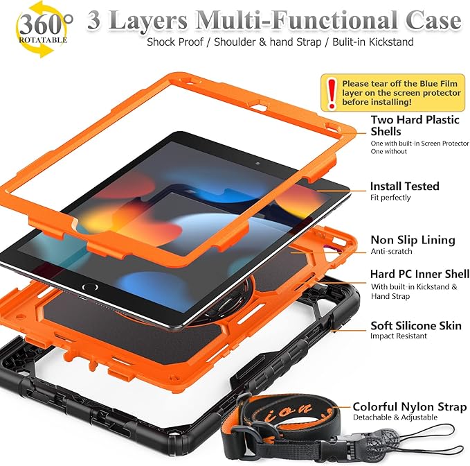 SEYMAC stock Case for iPad 9th/ 8th/ 7th Generation 10.2'', Shockproof with Screen Protector, Pencil Holder [360° Rotating Hand Strap] & Stand, for iPad 10.2 inch 2021-2019 (Brightorange)