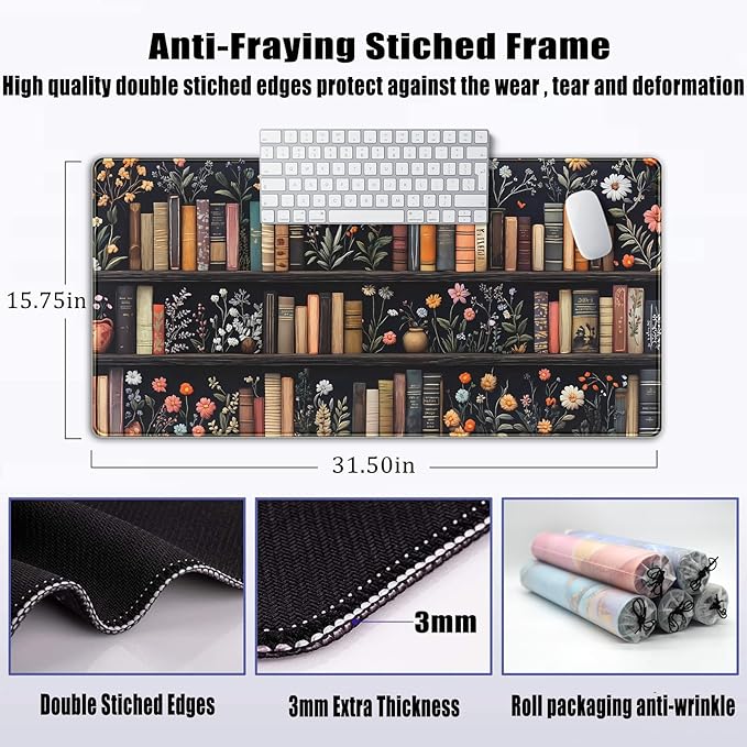 Bookish Desk Mat Floral Bookshelf Desk Pad Faux Embroidery Large Mouse Pad XXL Book Lovers Gift Extended Gaming Mousepad Flower Aesthetic Keyboard Pad Mouse Mat 31.5x15.7 in Office Decor for Women