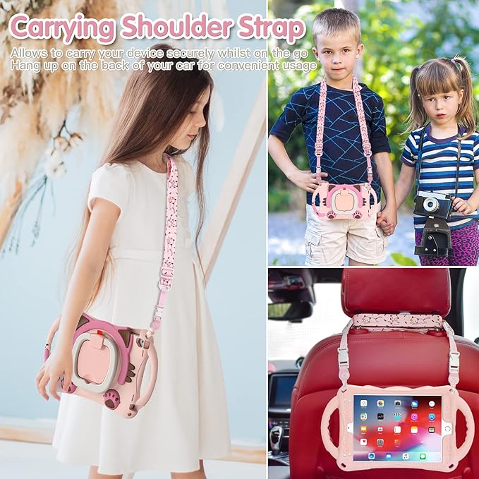 BRAECN Case for iPad 9.7 inch 6th Generation 2018/ iPad 5th Gen 2017, iPad Air 2/ Air 1/ iPad Pro 9.7'', Protective Cover with Pencil Holder & Kickstand & Shoulder Strap, Cute Cat Case for Kids-Pink