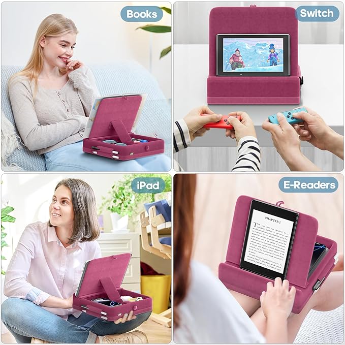 KDD Tablet Pillow Stand with Storage, Foldable iPad Holder for Lap, Desk and Bed, Angle Adjustable Soft Pad Dock with Stylus Mount Compatible with iPad Pro, Air, mini, Book, Phone and Tablet (4-13")