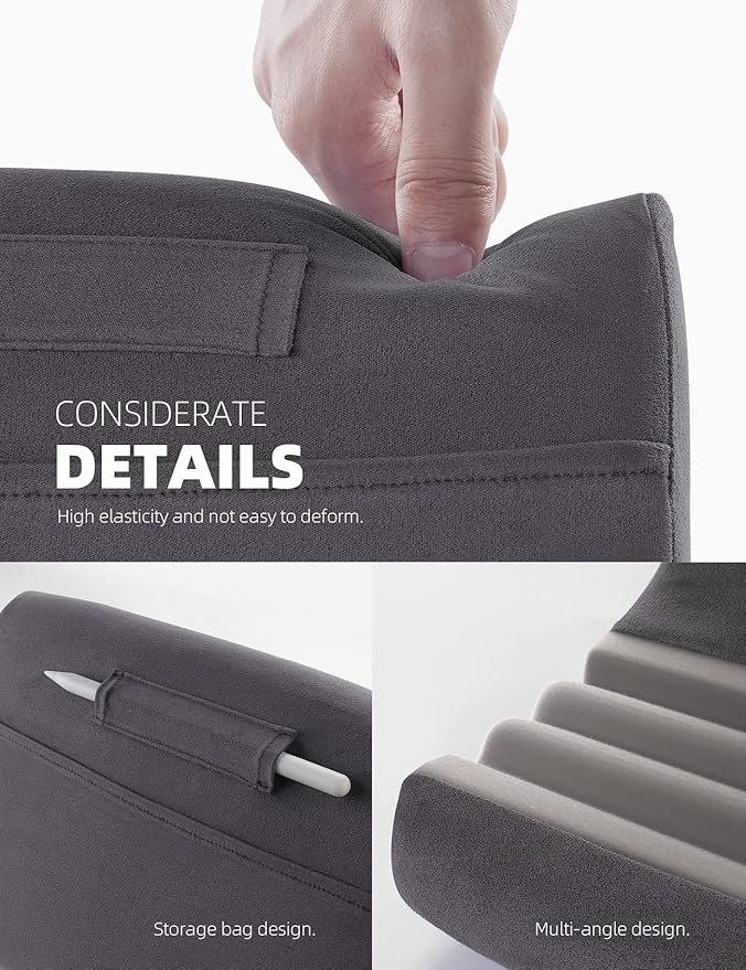 Lamicall Tablet Stand Pillow Holder - Tablet Pillow Soft Pad for Bed, Lap Phone Stand with Stylus Mount & Pocket, for iPad Pro 12.9, Air, Mini, Kindle, Galaxy Tab and 4-13" Devices, Dark Grey