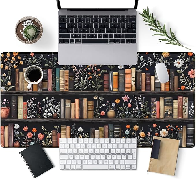 Bookish Desk Mat Floral Bookshelf Desk Pad Faux Embroidery Large Mouse Pad XXL Book Lovers Gift Extended Gaming Mousepad Flower Aesthetic Keyboard Pad Mouse Mat 31.5x15.7 in Office Decor for Women