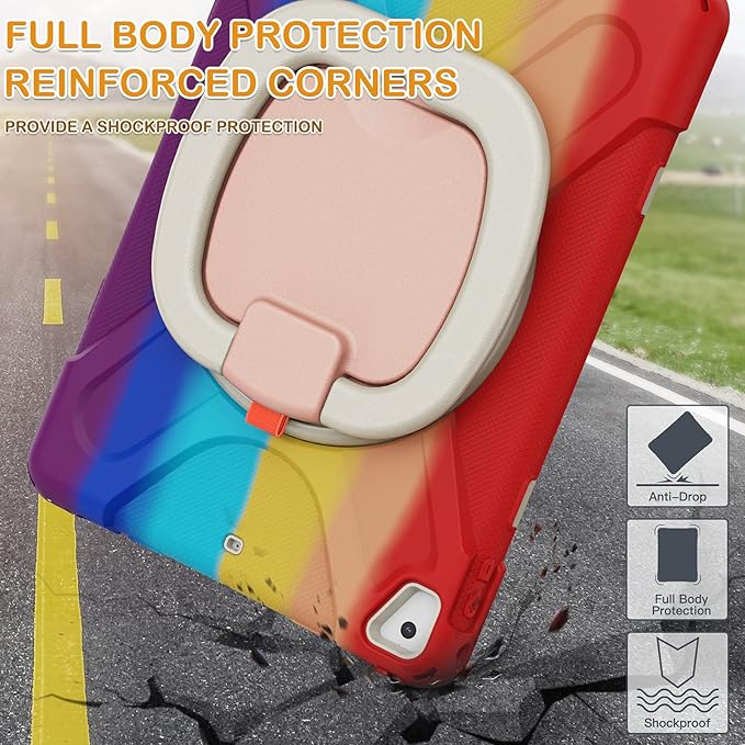 BRAECN Case for 9.7 Inch iPad 5th/6th Gen 2018/2017, Drop Protection Silicone Cover w/Pencil Holder, Shoulder Strap, Folding Handle Grip, Kickstand for Kids, Fit for iPad Pro 9.7”/Air 2- Colorful Red