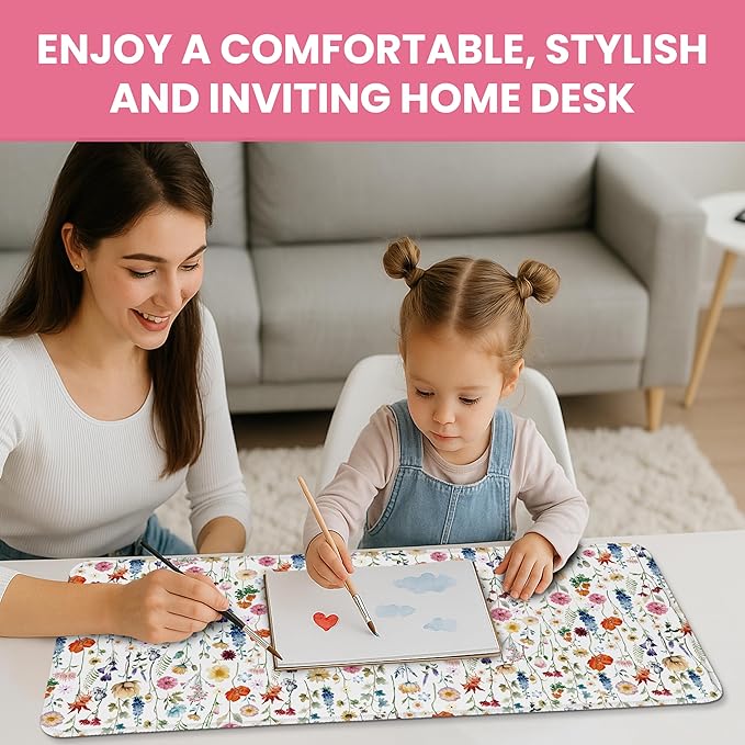 Large Mouse Pad for Desktop, Cute Desk Mat Pad Protector for Work & Gaming, Aesthetic Pretty Anti-Slip Laptop Blotter Cover for Office School Home Supplies, Wildflowers, 31.5" x 11.8"