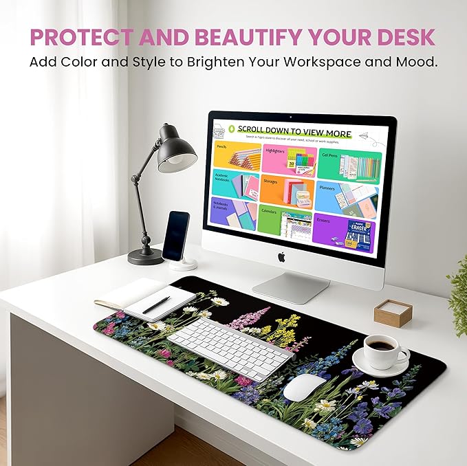 Large Mouse Pad for Desktop, Cute Desk Mat Pad Protector for Work & Gaming, Aesthetic Pretty Anti-Slip Laptop Blotter Cover for Office School Home Supplies, Starlit Petals, 35.4" x 15.7"
