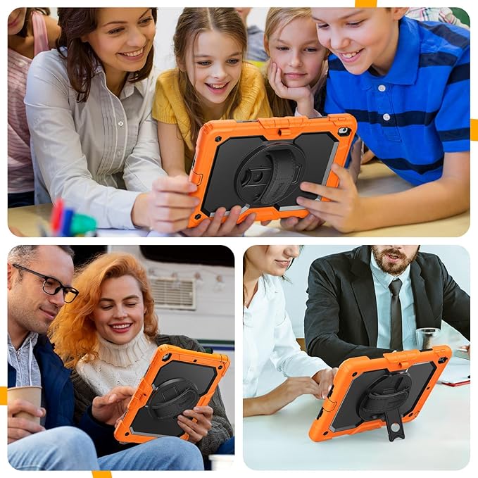 Timecity Case for iPad 9th/ 8th/ 7th Generation 10.2 inch - Heavy Duty Protective Cover with Screen Protector, Rotating Stand, Shoulder Strap & Pencil Holder | Kids-Friendly (Orange)