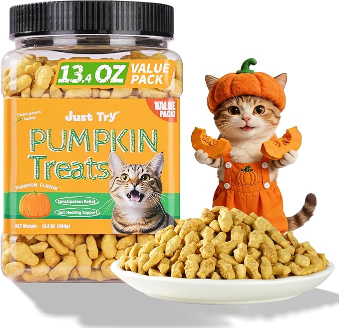 Just Try 13.4 OZ Pumpkin Cat Treats Cat Constipation Relief Hairball Control Healthy Salmon Snacks Training Biscuits Treats for Digestive Support Low Calorie Kitten Snacks