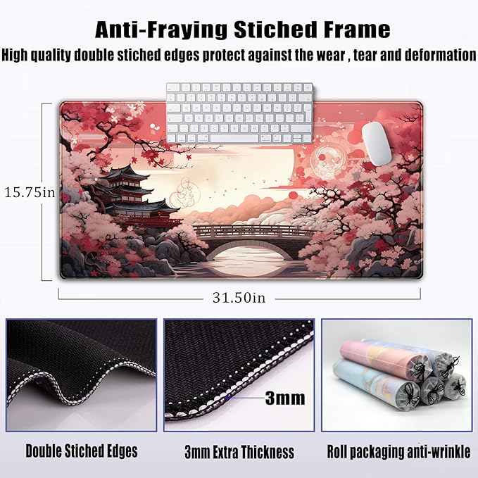 Pink Full Moon Desk Mat Japanese Sakura Blossom Large Mouse Pad Extended Japan Aesthetic Gaming Mousepad XXL Keyboard Pad Mouse Mat 31.5''X15.7'' Desk Pad Office Decor