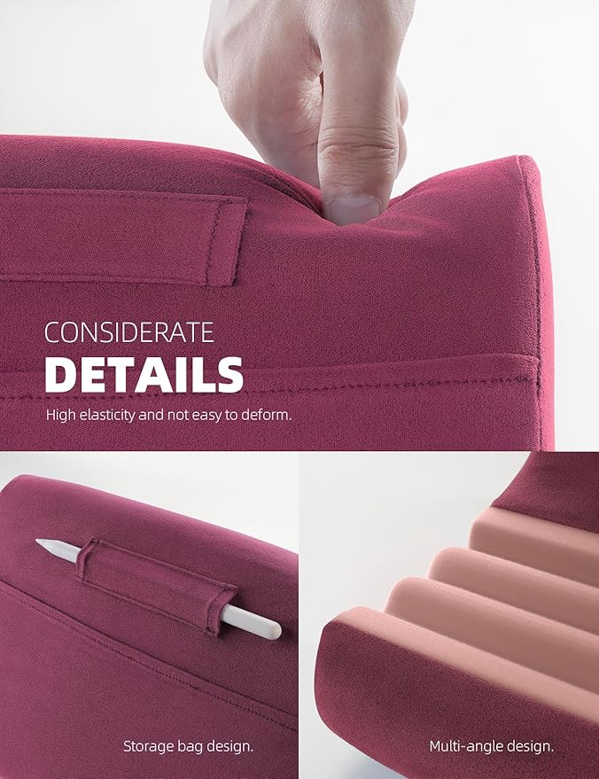 Lamicall Tablet Holder, Tablet Pillow Stand - Tablet Pillow Soft Pad for Bed and Lap, with Stylus Mount & Pocket, for iPad Pro 12.9, Air, Mini, Kindle, Galaxy Tab and 4-13" Tablet, Dark Red