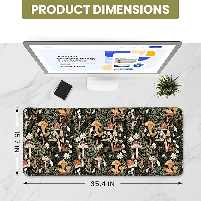 Large Mouse Pad for Desktop, Cute Desk Mat Pad Protector for Work & Gaming, Aesthetic Pretty Anti-Slip Laptop Blotter Cover for Office School Home Supplies, Mushroom, 35.4" x 15.7"