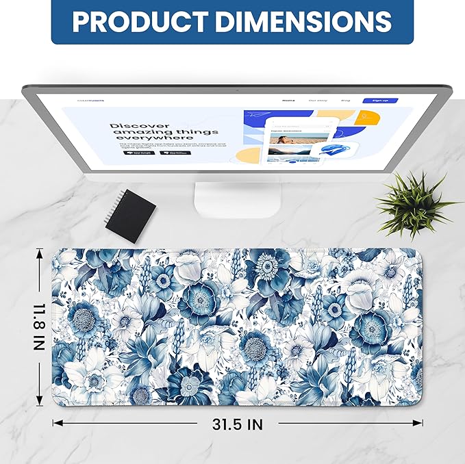 Large Mouse Pad for Desktop, Cute Desk Mat Pad Protector for Work & Gaming, Aesthetic Pretty Anti-Slip Laptop Blotter Cover for Office School Home Supplies, Blue Floral, 31.5" x 11.8"
