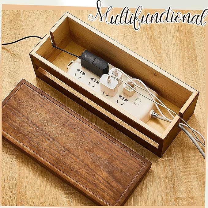 Hoteam 48 Pcs Wooden Cable Management Box Cable Organizer Box Set Power Strip Holder Cord Hider Clip Adhesive Management Ties Cord Sleeves for Desktop Home Office(Brown,Large)
