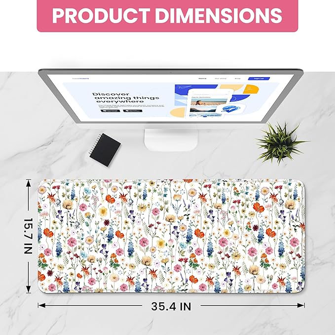 Large Mouse Pad for Desktop, Cute Desk Mat Pad Protector for Work & Gaming, Aesthetic Pretty Anti-Slip Laptop Blotter Cover for Office School Home Supplies, Wildflowers, 35.4" x 15.7"
