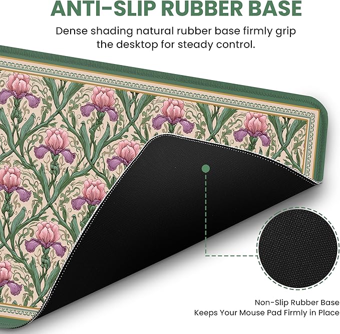 Large Mouse Pad for Desktop, Cute Desk Mat Pad Protector for Work & Gaming, Aesthetic Pretty Anti-Slip Laptop Blotter Cover for Office School Home Supplies, Blush Iris Garden, 35.4" x 15.7"