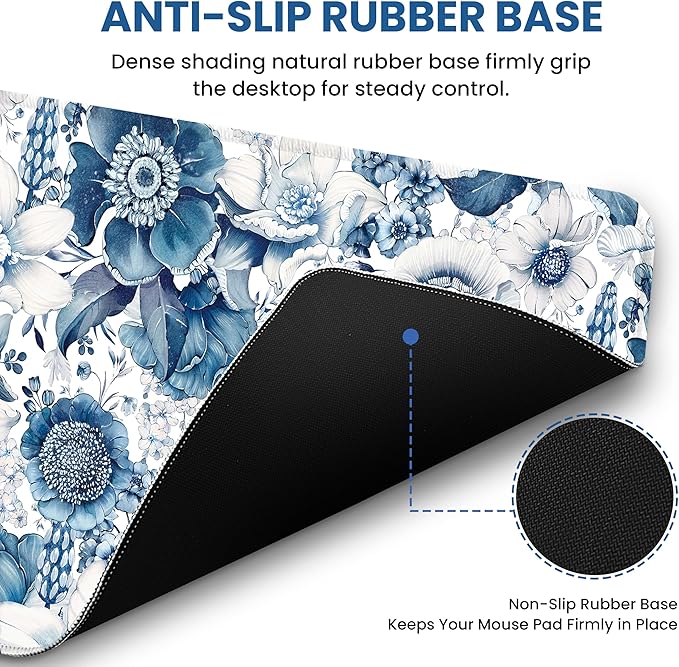 Large Mouse Pad for Desktop, Cute Desk Mat Pad Protector for Work & Gaming, Aesthetic Pretty Anti-Slip Laptop Blotter Cover for Office School Home Supplies, Blue Floral, 31.5" x 11.8"