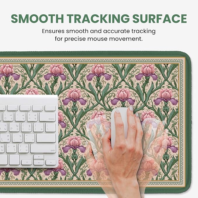 Large Mouse Pad for Desktop, Cute Desk Mat Pad Protector for Work & Gaming, Aesthetic Pretty Anti-Slip Laptop Blotter Cover for Office School Home Supplies, Blush Iris Garden, 35.4" x 15.7"