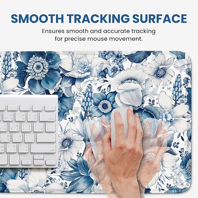 Large Mouse Pad for Desktop, Cute Desk Mat Pad Protector for Work & Gaming, Aesthetic Pretty Anti-Slip Laptop Blotter Cover for Office School Home Supplies, Blue Floral, 35.4" x 15.7"