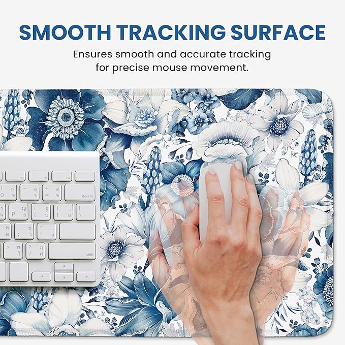 Large Mouse Pad for Desktop, Cute Desk Mat Pad Protector for Work & Gaming, Aesthetic Pretty Anti-Slip Laptop Blotter Cover for Office School Home Supplies, Blue Floral, 31.5" x 11.8"
