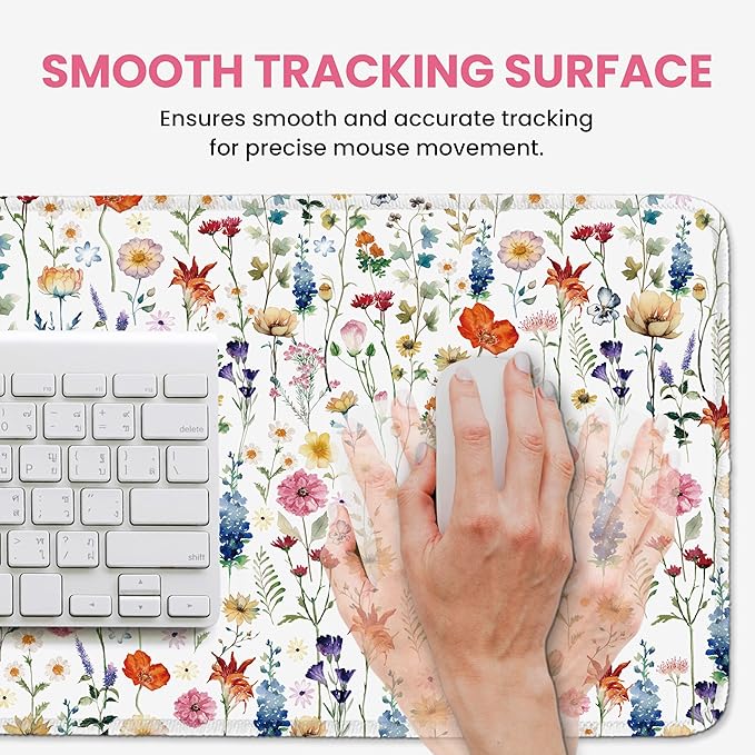 Large Mouse Pad for Desktop, Cute Desk Mat Pad Protector for Work & Gaming, Aesthetic Pretty Anti-Slip Laptop Blotter Cover for Office School Home Supplies, Wildflowers, 31.5" x 11.8"