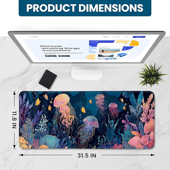 Large Mouse Pad for Desktop, Cute Desk Mat Pad Protector for Work & Gaming, Aesthetic Pretty Anti-Slip Laptop Blotter Cover for Office School Home Supplies, Jellyfish, 31.5" x 11.8"