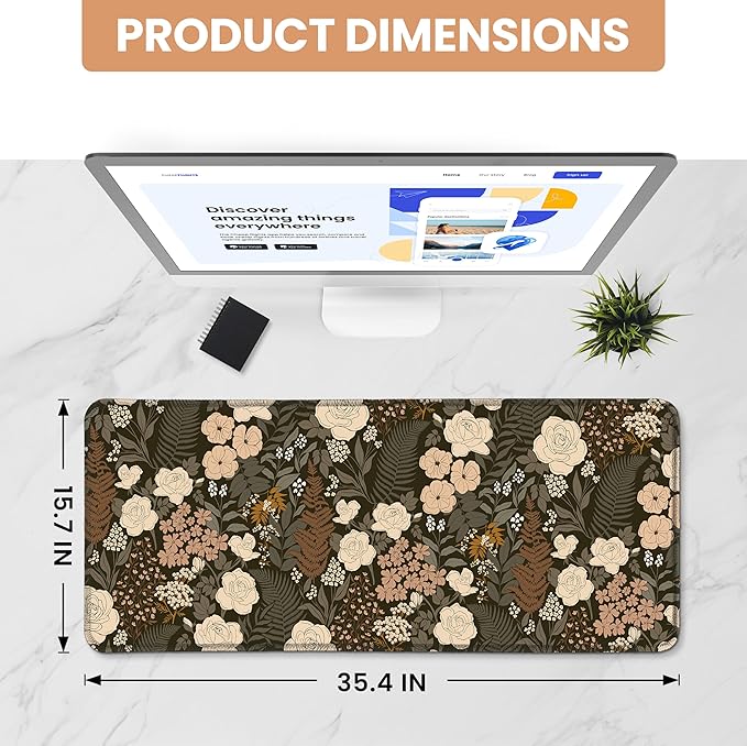 Large Mouse Pad for Desktop, Cute Desk Mat Pad Protector for Work & Gaming, Aesthetic Pretty Anti-Slip Laptop Blotter Cover for Office School Home Supplies, Wild Rose, 35.4" x 15.7"