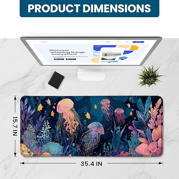 Large Mouse Pad for Desktop, Cute Desk Mat Pad Protector for Work & Gaming, Aesthetic Pretty Anti-Slip Laptop Blotter Cover for Office School Home Supplies, Jellyfish, 35.4" x 15.7"