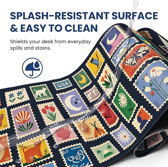 Large Mouse Pad for Desktop, Cute Desk Mat Pad Protector for Work & Gaming, Aesthetic Pretty Anti-Slip Laptop Blotter Cover for Office School Home Supplies, Stamp, 31.5" x 11.8"