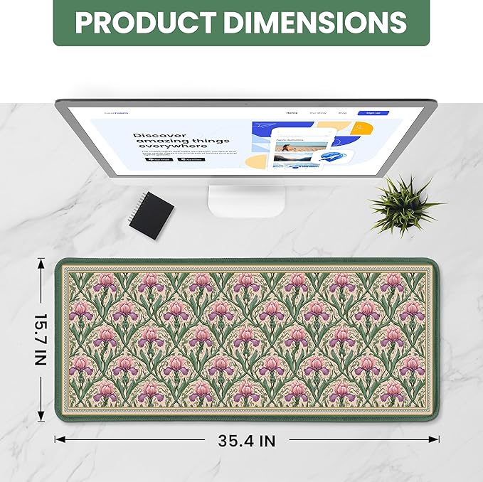 Large Mouse Pad for Desktop, Cute Desk Mat Pad Protector for Work & Gaming, Aesthetic Pretty Anti-Slip Laptop Blotter Cover for Office School Home Supplies, Blush Iris Garden, 35.4" x 15.7"