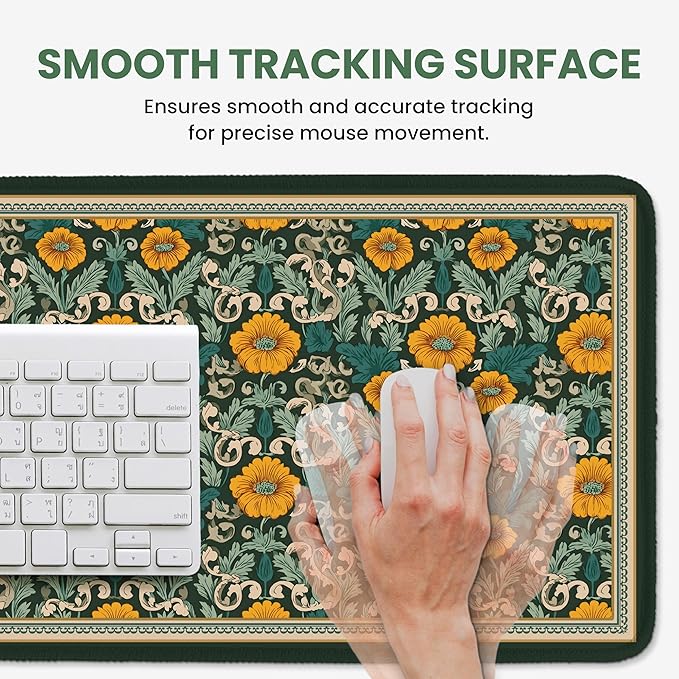 Large Mouse Pad for Desktop, Cute Desk Mat Pad Protector for Work & Gaming, Aesthetic Pretty Anti-Slip Laptop Blotter Cover for Office School Home Supplies, Baroque Bloomfield, 35.4" x 15.7"