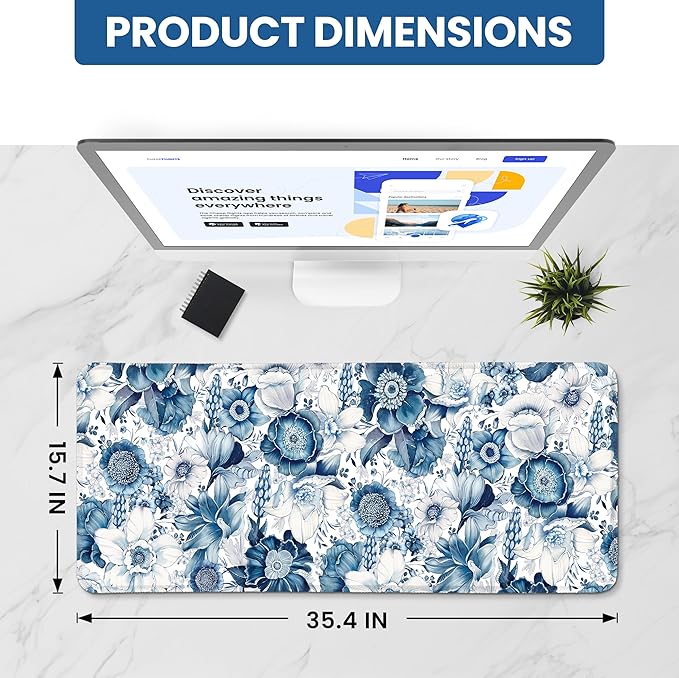 Large Mouse Pad for Desktop, Cute Desk Mat Pad Protector for Work & Gaming, Aesthetic Pretty Anti-Slip Laptop Blotter Cover for Office School Home Supplies, Blue Floral, 35.4" x 15.7"