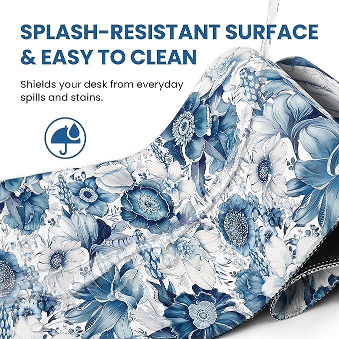 Large Mouse Pad for Desktop, Cute Desk Mat Pad Protector for Work & Gaming, Aesthetic Pretty Anti-Slip Laptop Blotter Cover for Office School Home Supplies, Blue Floral, 35.4" x 15.7"