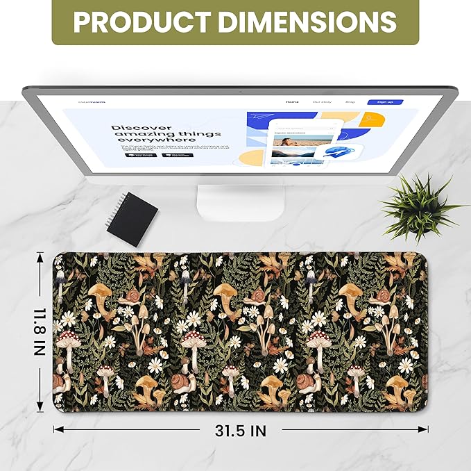 Large Mouse Pad for Desktop, Cute Desk Mat Pad Protector for Work & Gaming, Aesthetic Pretty Anti-Slip Laptop Blotter Cover for Office School Home Supplies, Mushroom, 31.5" x 11.8"