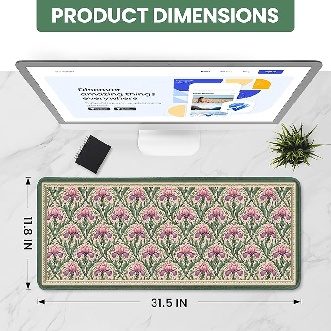 Large Mouse Pad for Desktop, Cute Desk Mat Pad Protector for Work & Gaming, Aesthetic Pretty Anti-Slip Laptop Blotter Cover for Office School Home Supplies, Blush Iris Garden, 31.5" x 11.8"