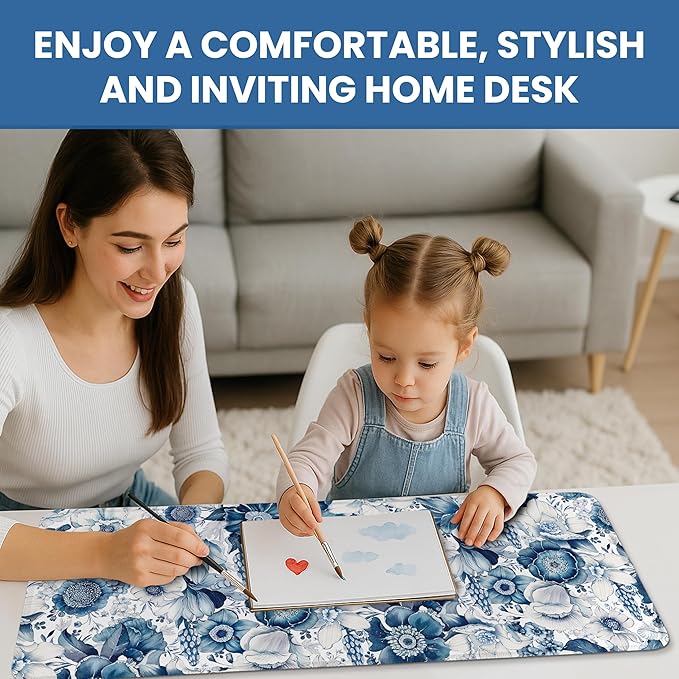 Large Mouse Pad for Desktop, Cute Desk Mat Pad Protector for Work & Gaming, Aesthetic Pretty Anti-Slip Laptop Blotter Cover for Office School Home Supplies, Blue Floral, 35.4" x 15.7"