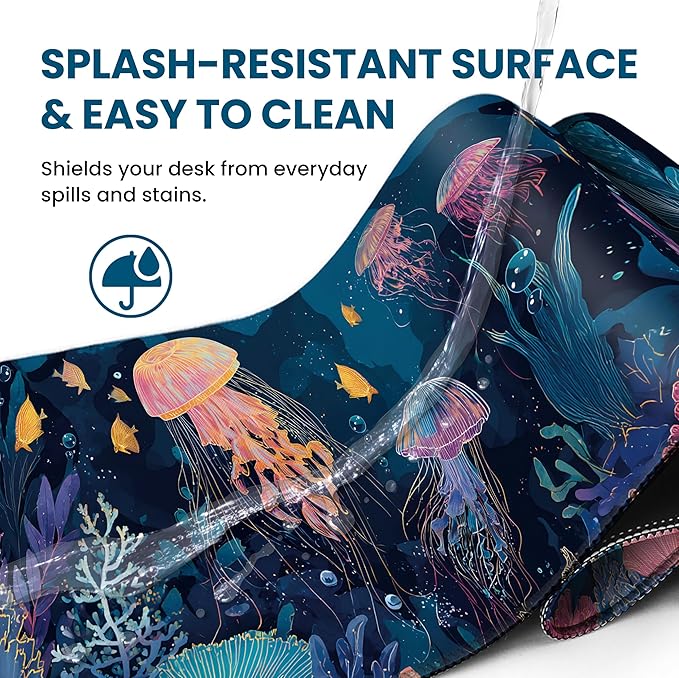 Large Mouse Pad for Desktop, Cute Desk Mat Pad Protector for Work & Gaming, Aesthetic Pretty Anti-Slip Laptop Blotter Cover for Office School Home Supplies, Jellyfish, 31.5" x 11.8"