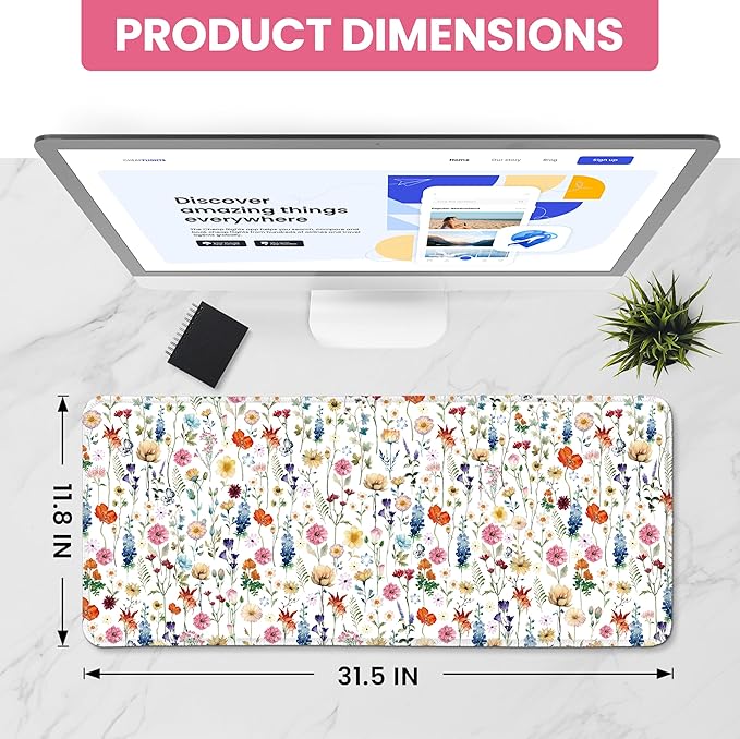 Large Mouse Pad for Desktop, Cute Desk Mat Pad Protector for Work & Gaming, Aesthetic Pretty Anti-Slip Laptop Blotter Cover for Office School Home Supplies, Wildflowers, 31.5" x 11.8"