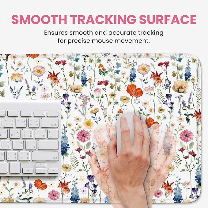 Large Mouse Pad for Desktop, Cute Desk Mat Pad Protector for Work & Gaming, Aesthetic Pretty Anti-Slip Laptop Blotter Cover for Office School Home Supplies, Wildflowers, 35.4" x 15.7"