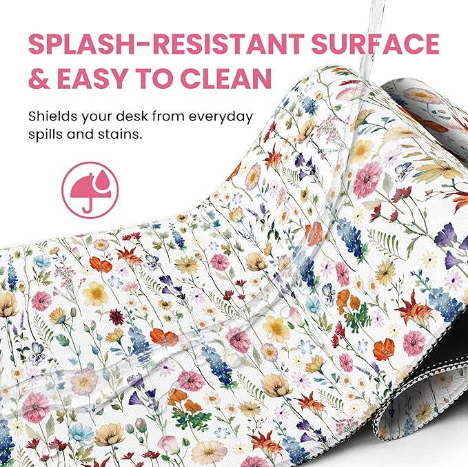 Large Mouse Pad for Desktop, Cute Desk Mat Pad Protector for Work & Gaming, Aesthetic Pretty Anti-Slip Laptop Blotter Cover for Office School Home Supplies, Wildflowers, 31.5" x 11.8"